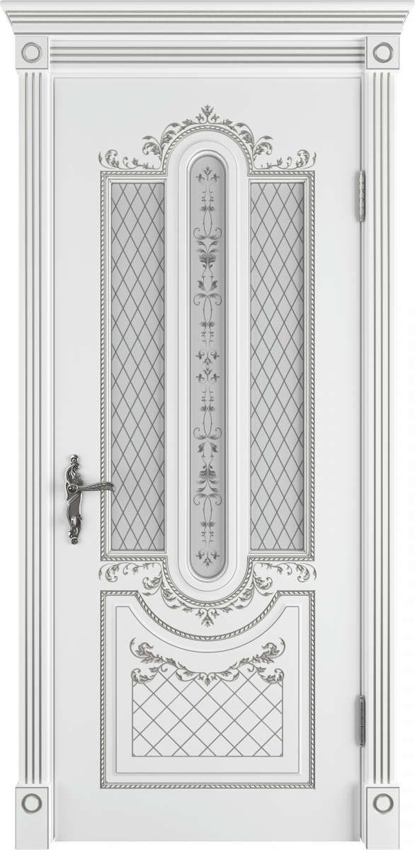 Дверь Александрия Белая эмаль патина серебро 3D ПО600 бел. сатинат (Polar)